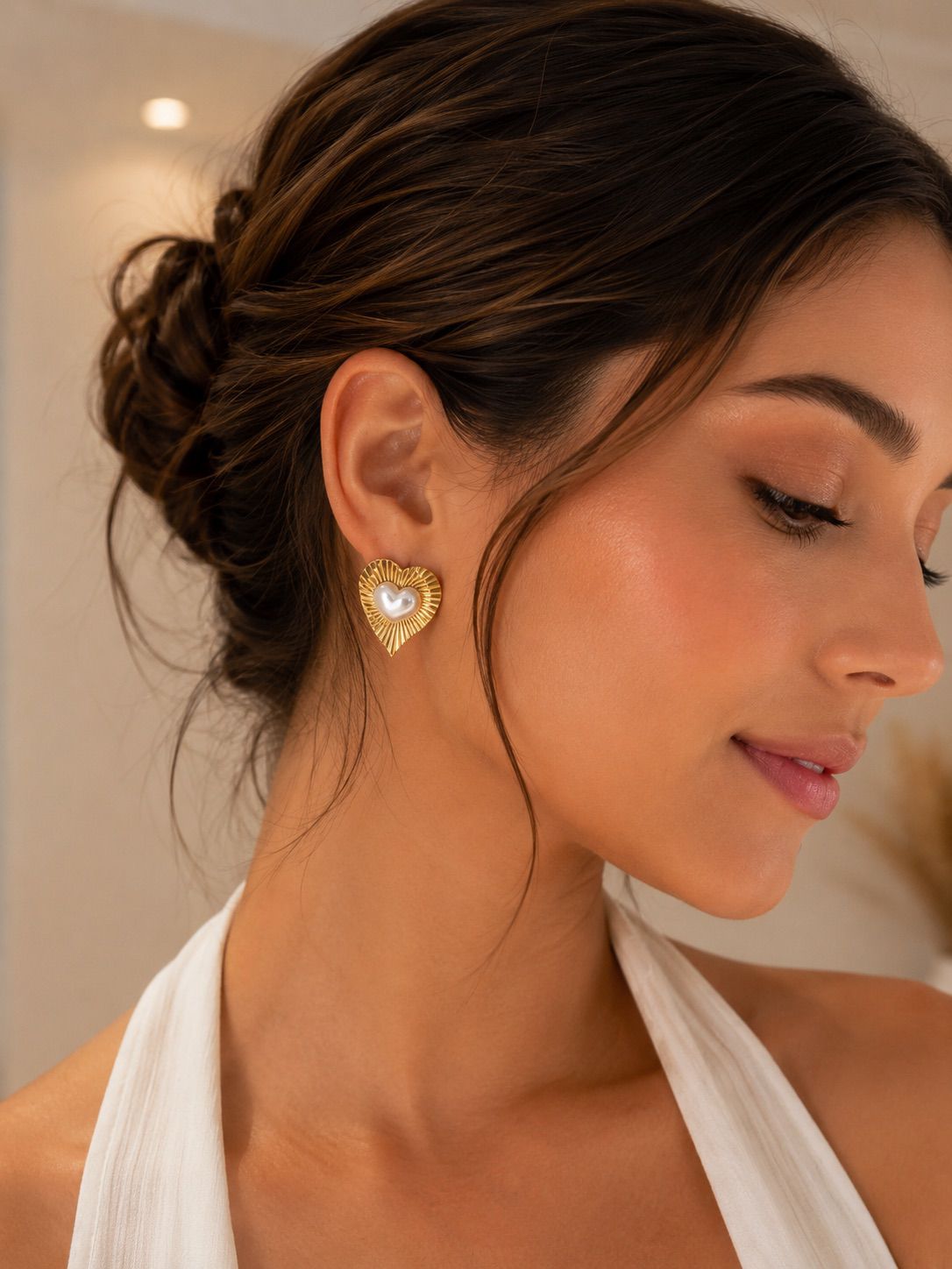 Aretes Perla Corazon Amlie - Acero Inoxidable